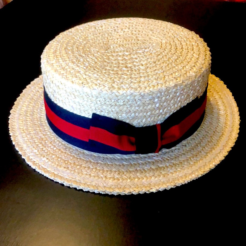 Scala straw boater hat Navy/red grosgrain ribbon